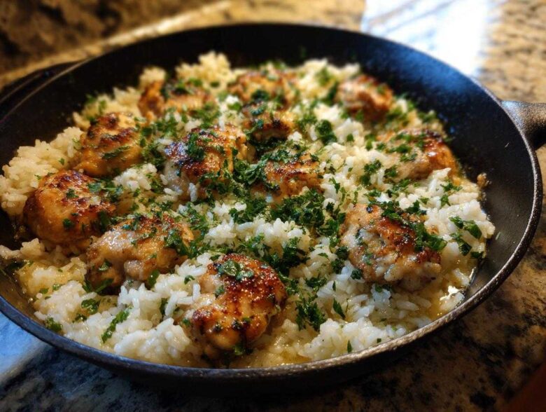 Close-up of Garlic Butter Rice with Chicken Skillet, featuring browned chicken pieces nestled in buttery rice and topped with fresh parsley.