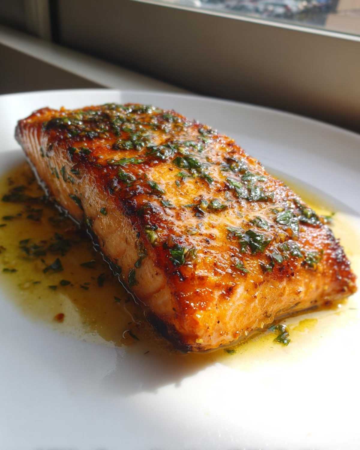 A perfectly cooked fillet of Garlic Butter Salmon with crispy edges, glistening with melted butter and topped with fresh green herbs.