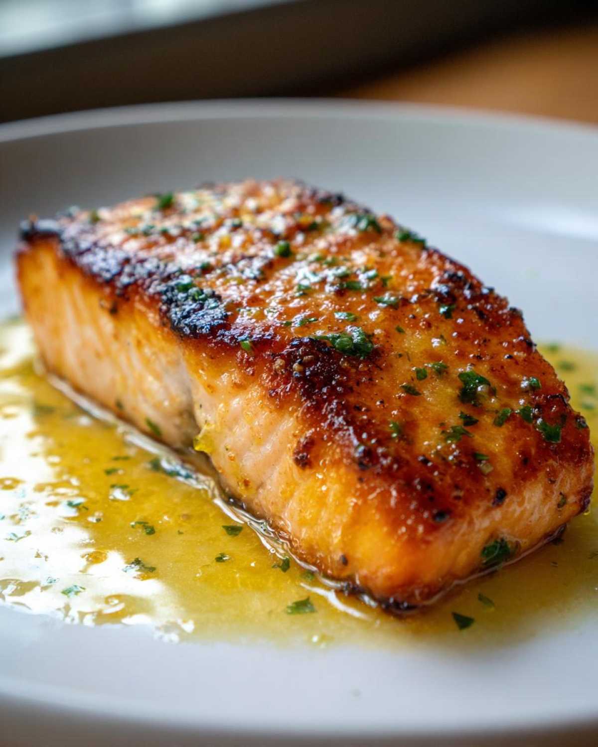 Close-up of a perfectly cooked Garlic Butter Salmon with crispy edges resting in a pool of melted butter sauce.