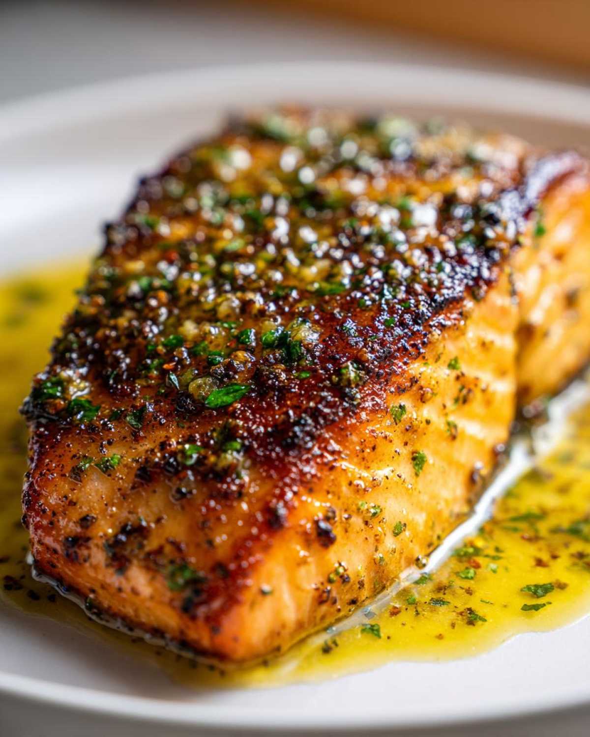 Close-up of a perfectly cooked Garlic Butter Salmon with Crispy Edges glistening in melted butter sauce.