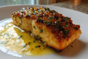Close-up of a perfectly cooked Garlic Butter Salmon with crispy edges resting in melted garlic butter sauce.