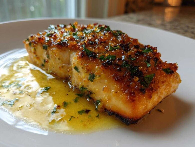 Close-up of a perfectly cooked Garlic Butter Salmon with crispy edges resting in melted garlic butter sauce.