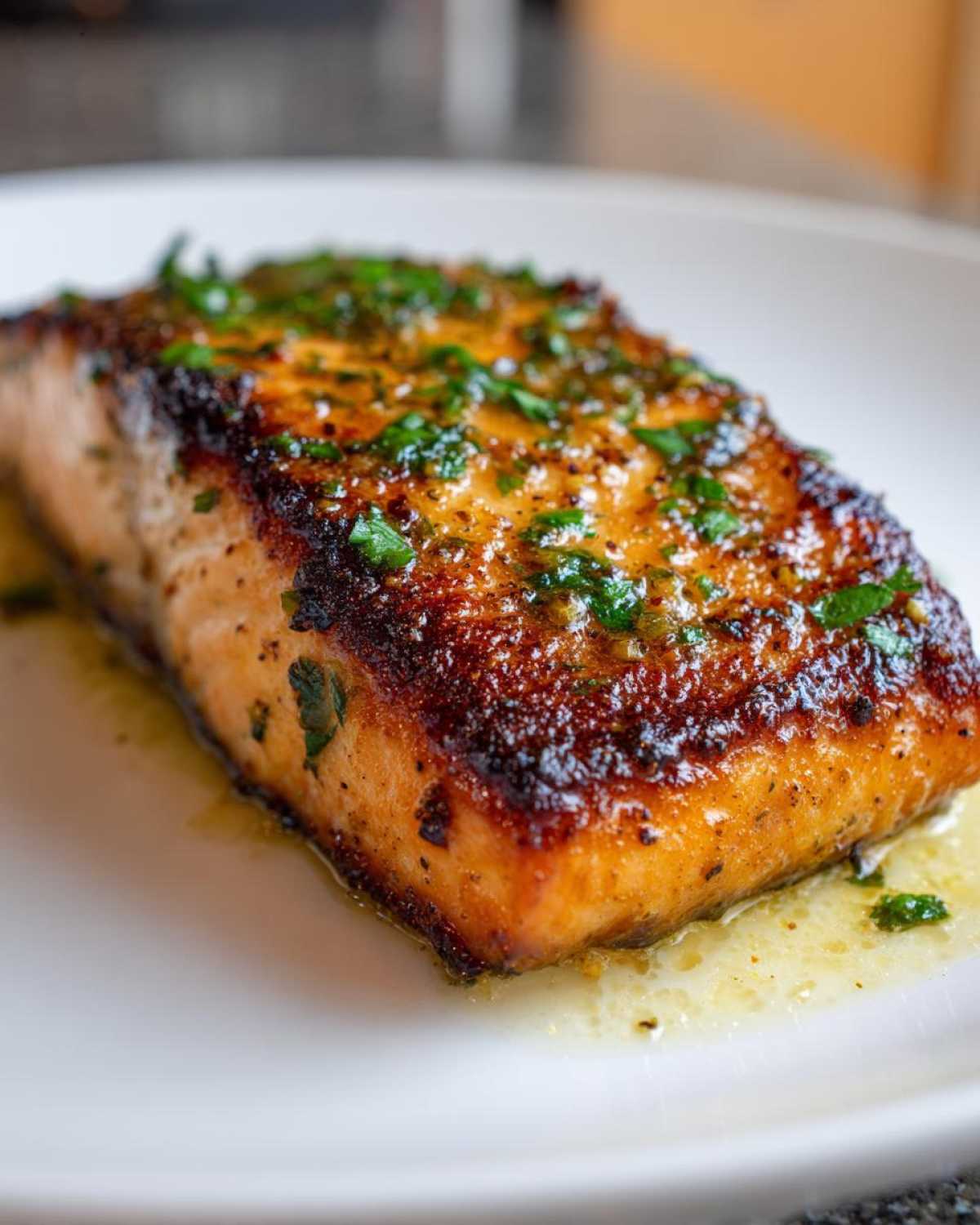 Close-up of a perfectly cooked Garlic Butter Salmon with crispy skin, topped with fresh parsley and butter sauce.
