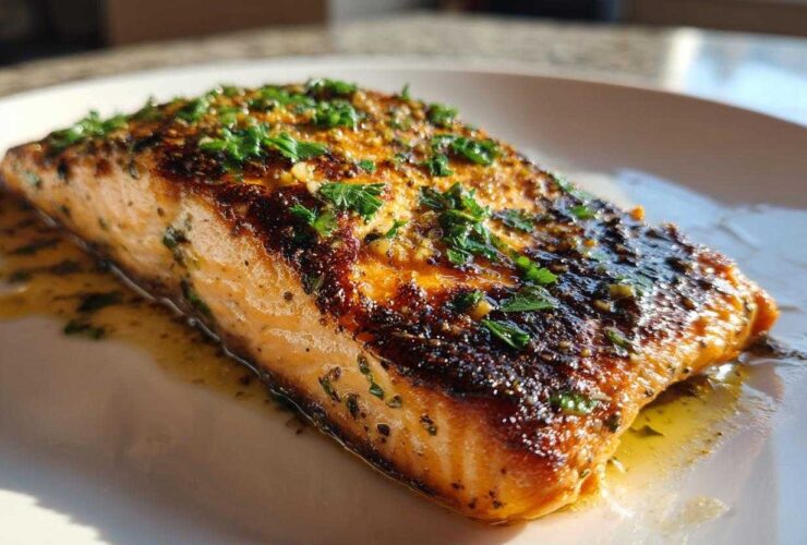 A perfectly cooked fillet of Garlic Butter Salmon with crispy skin, topped with fresh parsley and resting in butter sauce.