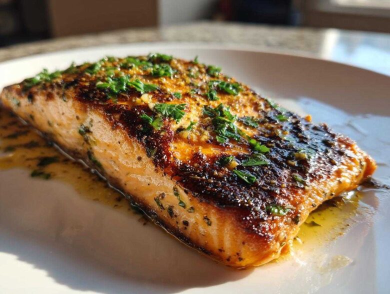 A perfectly cooked fillet of Garlic Butter Salmon with crispy skin, topped with fresh parsley and resting in butter sauce.
