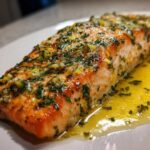 A perfectly cooked fillet of Garlic Butter Salmon with Lemon Herb Sauce glistening on a white plate.