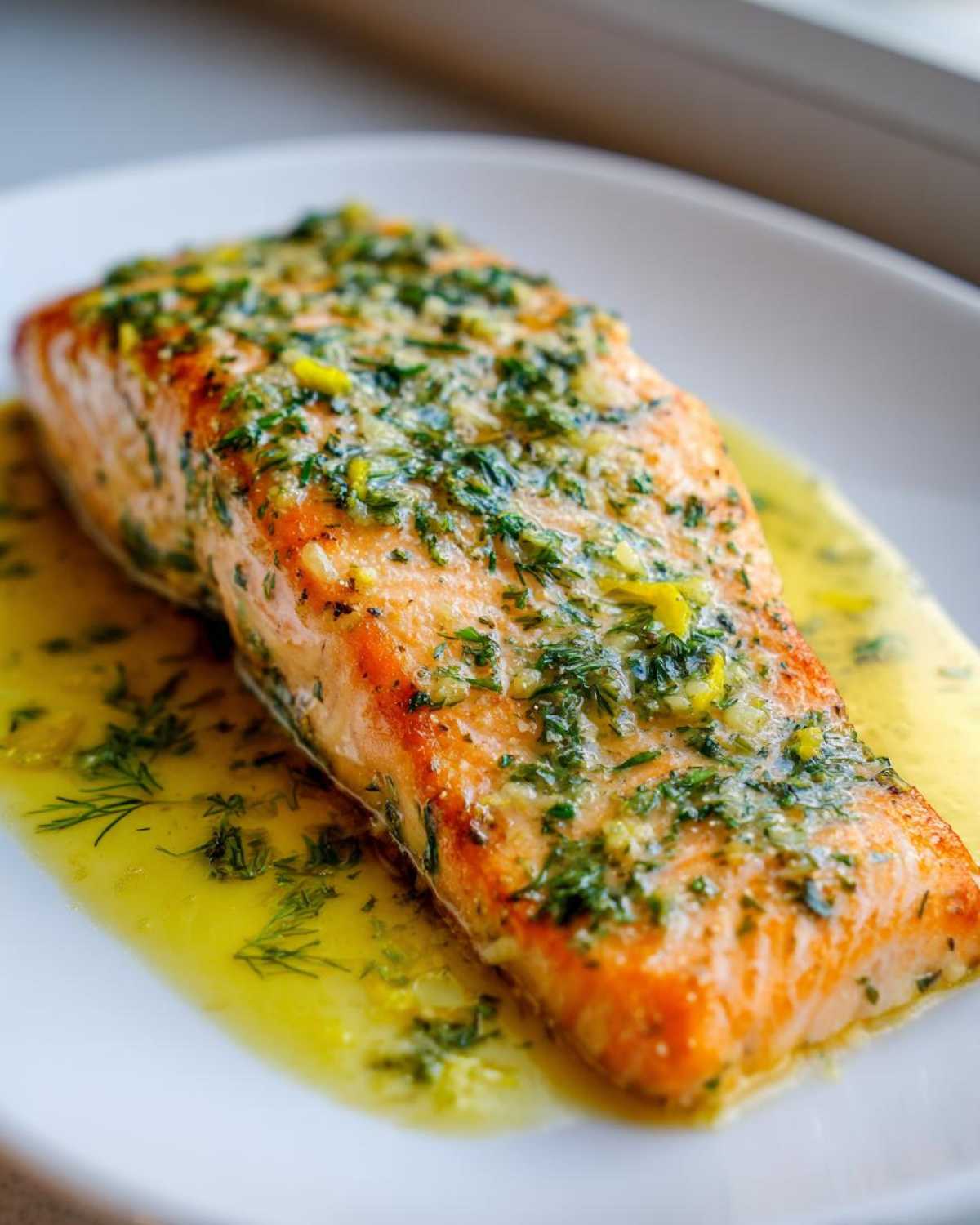 Close-up of a perfectly cooked fillet of Garlic Butter Salmon with Lemon Herb Sauce drizzled over it.