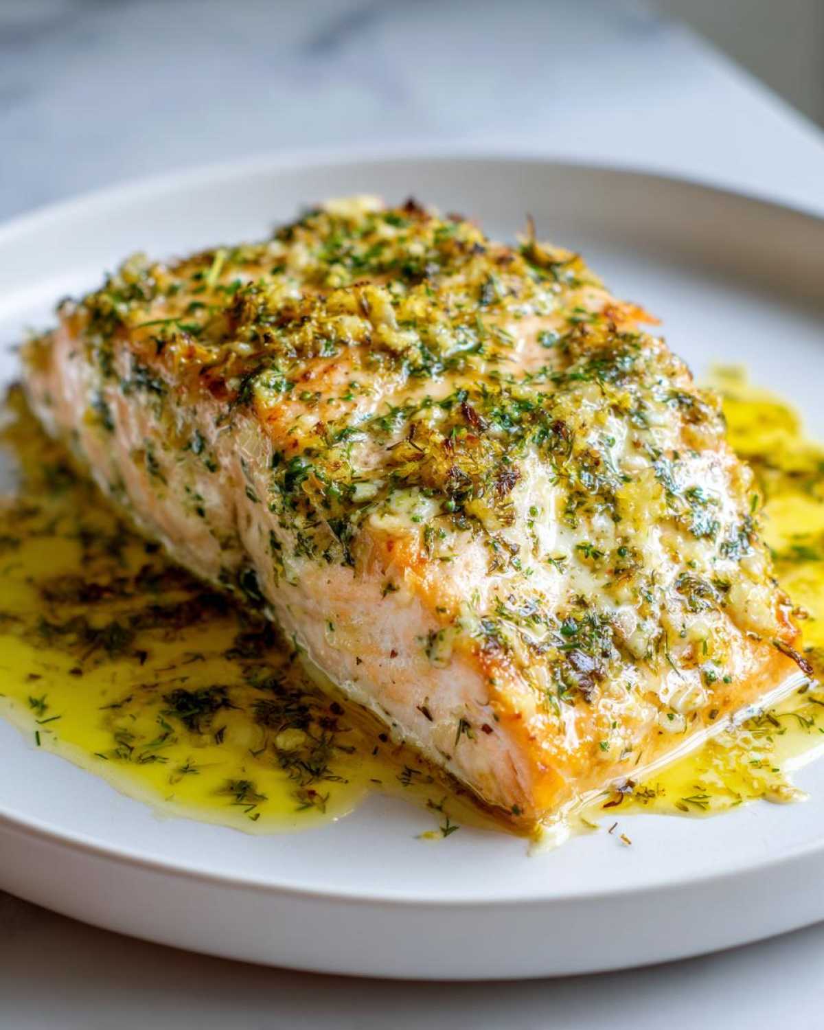 A perfectly cooked fillet of Garlic Butter Salmon with Lemon Herb Sauce, glistening with melted butter and herbs.