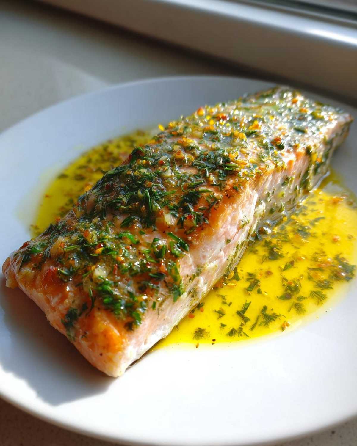 A perfectly cooked fillet of Garlic Butter Salmon with Lemon Herb Sauce pooling around it on a white plate.