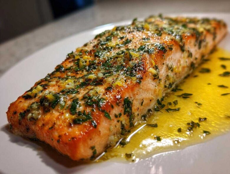 A perfectly cooked fillet of Garlic Butter Salmon with Lemon Herb Sauce glistening on a white plate.