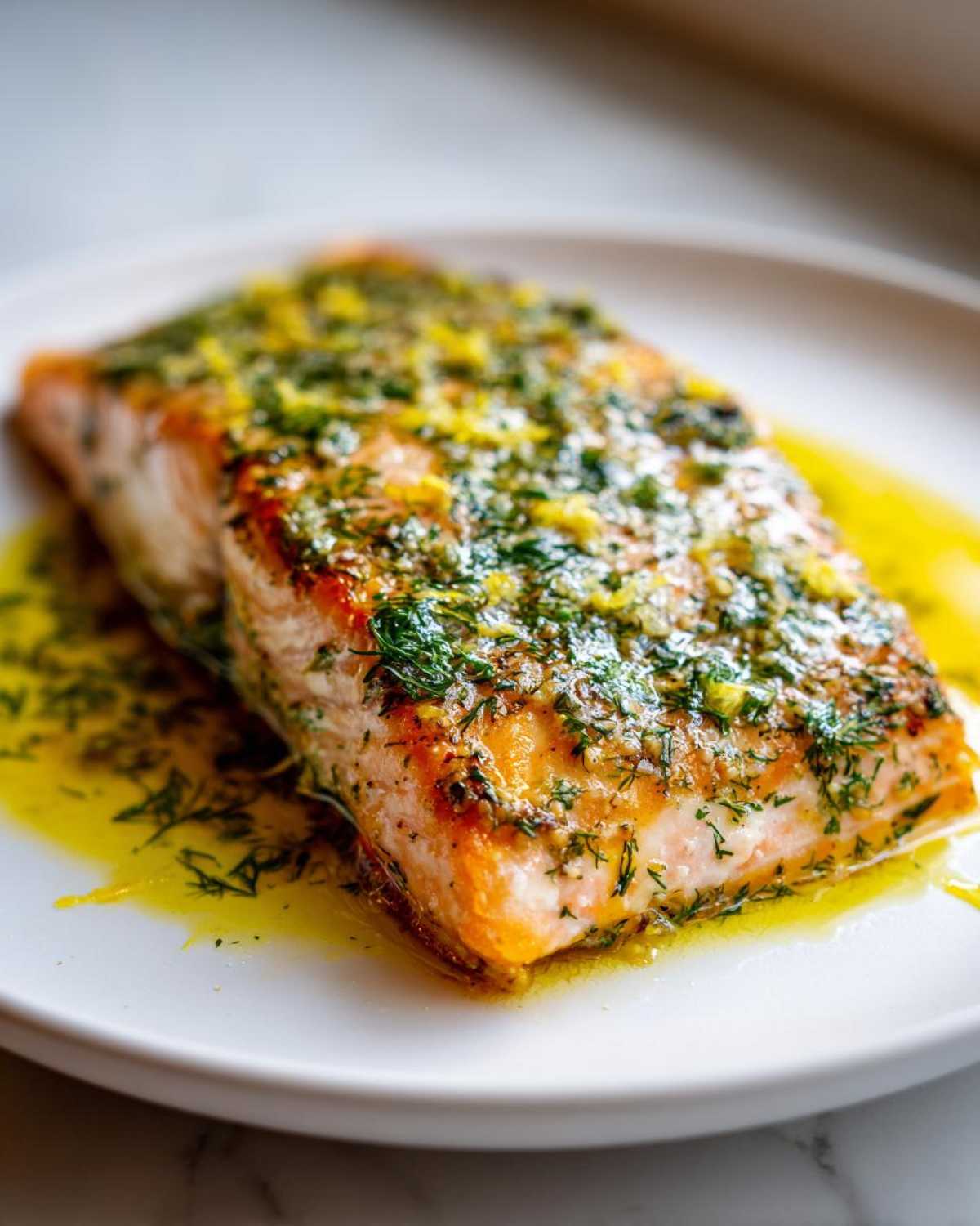 A close-up of a perfectly cooked fillet of Garlic Butter Salmon with Lemon Herb Sauce pooling around it on a white plate.