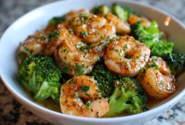 Close-up of Garlic Butter Shrimp and Broccoli Skillet, featuring plump shrimp coated in sauce and fresh parsley, served with bright green broccoli florets.
