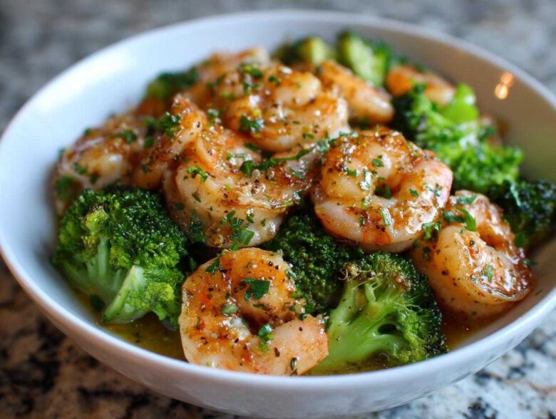 Close-up of Garlic Butter Shrimp and Broccoli Skillet, featuring plump shrimp coated in sauce and fresh parsley, served with bright green broccoli florets.