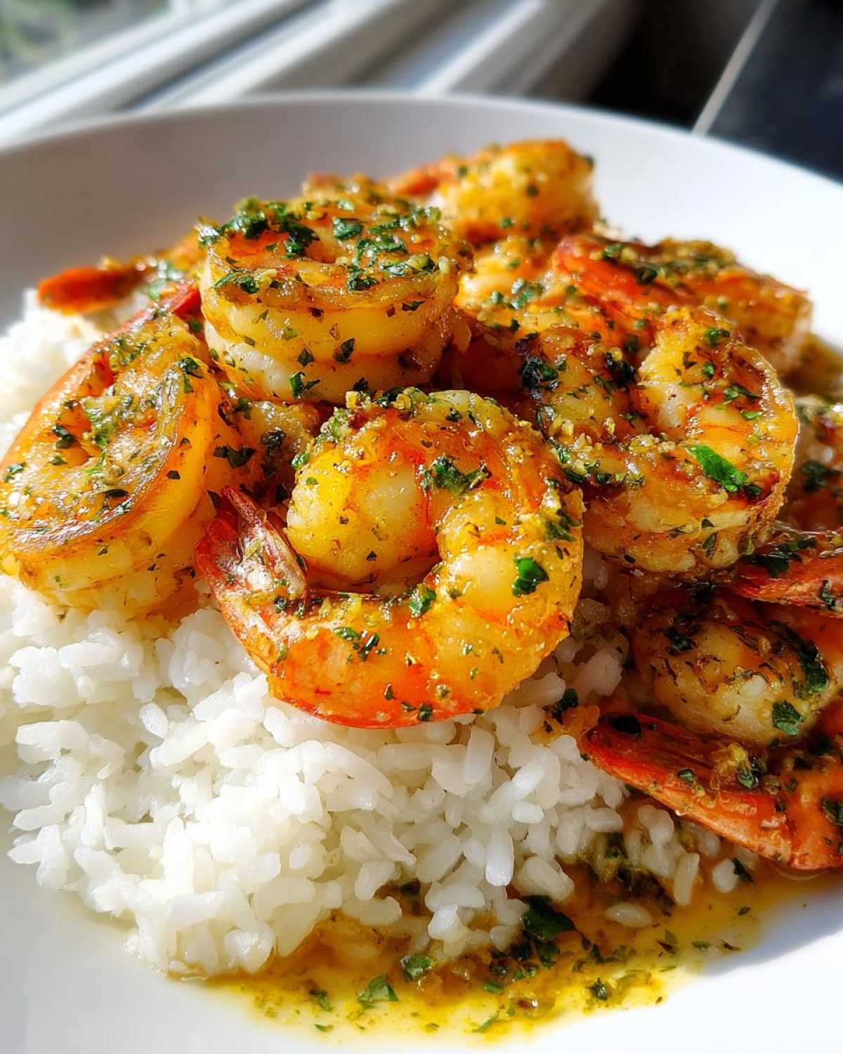 Close-up of plump shrimp coated in garlic butter sauce served over white rice for the Garlic Butter Shrimp and Rice Easy Recipe.