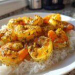 Close-up of juicy Garlic Butter Shrimp and Rice Easy Recipe served on a white plate.
