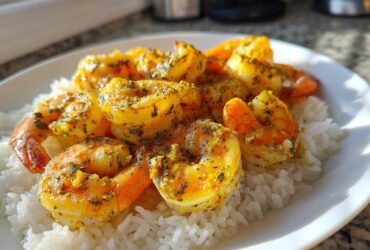 Close-up of juicy Garlic Butter Shrimp and Rice Easy Recipe served on a white plate.