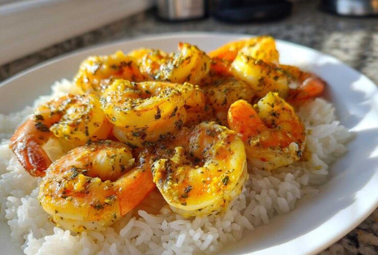 Close-up of juicy Garlic Butter Shrimp and Rice Easy Recipe served on a white plate.