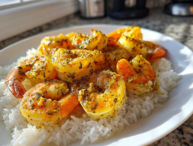 Close-up of juicy Garlic Butter Shrimp and Rice Easy Recipe served on a white plate.