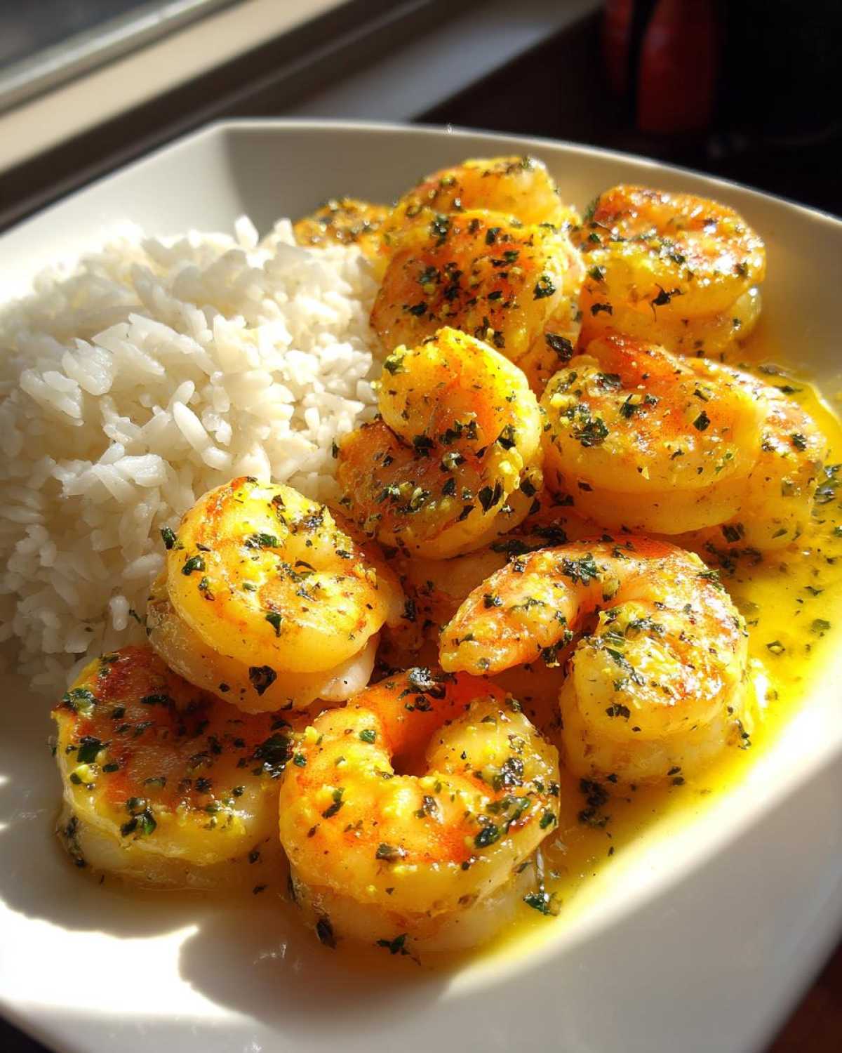 Close-up of Garlic Butter Shrimp and Rice Easy Recipe, featuring plump shrimp in yellow garlic butter sauce next to white rice.