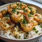 Close-up of a Garlic Butter Shrimp Bowl with Rice, featuring plump shrimp coated in garlic butter and parsley over white rice.