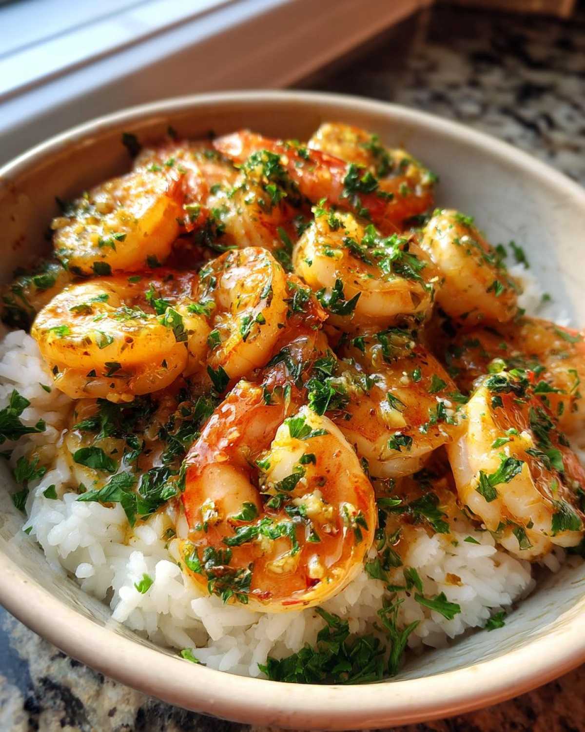 Close-up of a Garlic Butter Shrimp Bowl with Rice, topped with fresh parsley.