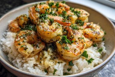 Close-up of a Garlic Butter Shrimp Bowl with Rice, featuring plump shrimp coated in garlic butter and parsley over white rice.