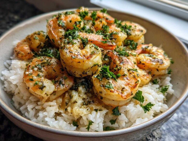 Close-up of a Garlic Butter Shrimp Bowl with Rice, featuring plump shrimp coated in garlic butter and parsley over white rice.
