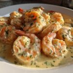 Close-up of plump shrimp coated in a rich, creamy Parmesan sauce, garnished with parsley, ready for Garlic Butter Shrimp.
