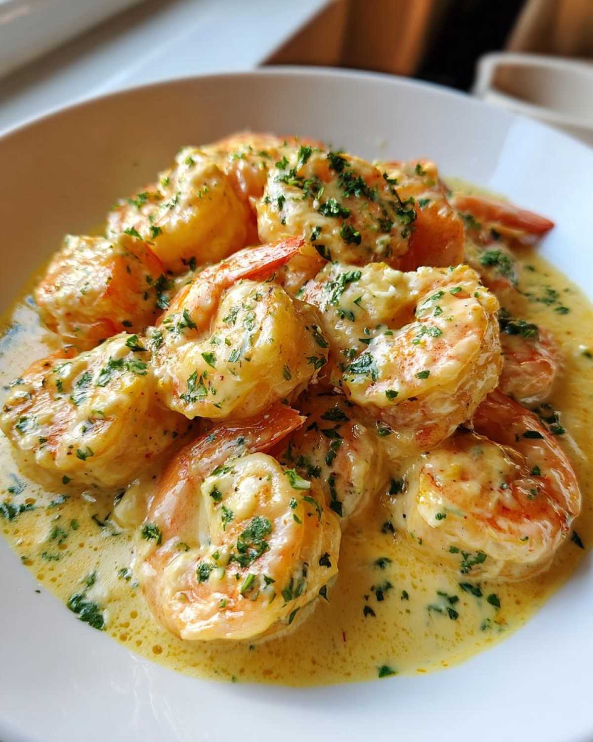 Plump shrimp coated in a rich, creamy Parmesan sauce, garnished with fresh parsley, ready for the Garlic Butter Shrimp recipe.
