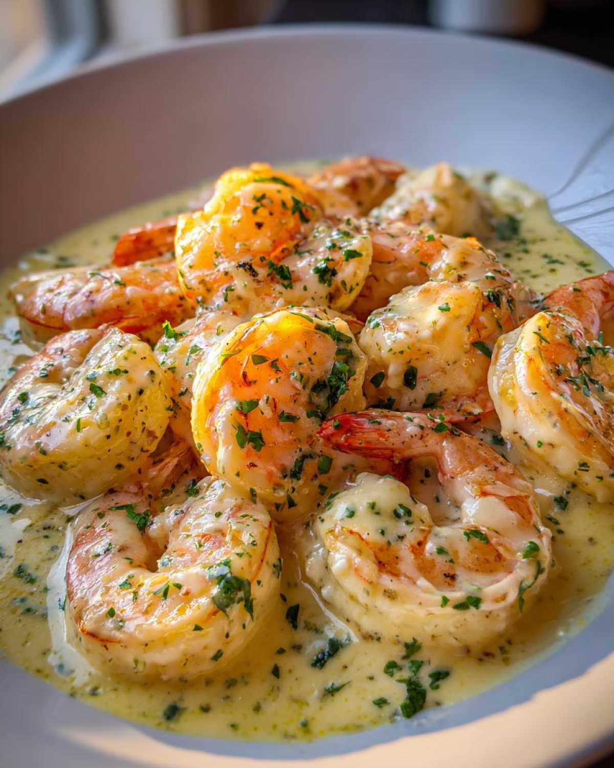 Close-up of succulent shrimp coated in a rich, creamy Parmesan sauce, garnished with fresh parsley.