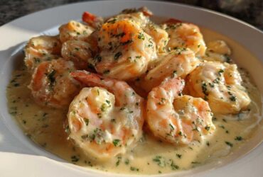 Close-up of plump shrimp coated in a rich, creamy Parmesan sauce, garnished with parsley, ready for Garlic Butter Shrimp.
