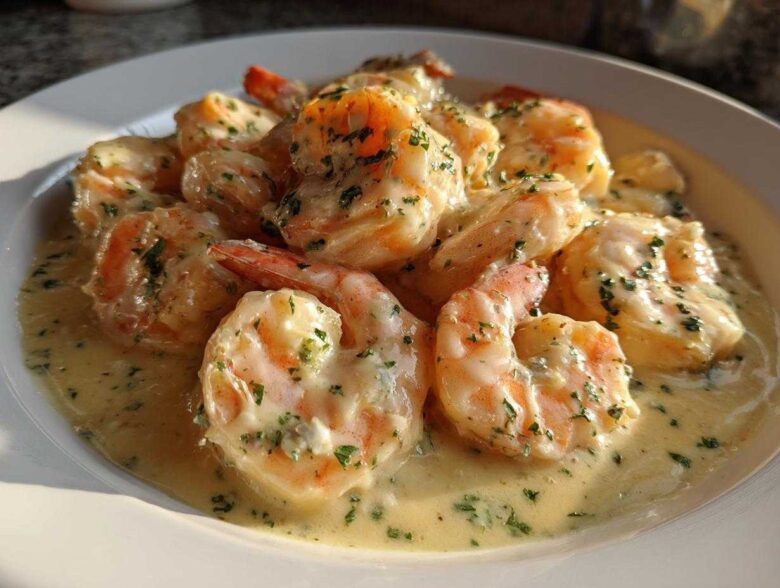 Close-up of plump shrimp coated in a rich, creamy Parmesan sauce, garnished with parsley, ready for Garlic Butter Shrimp.