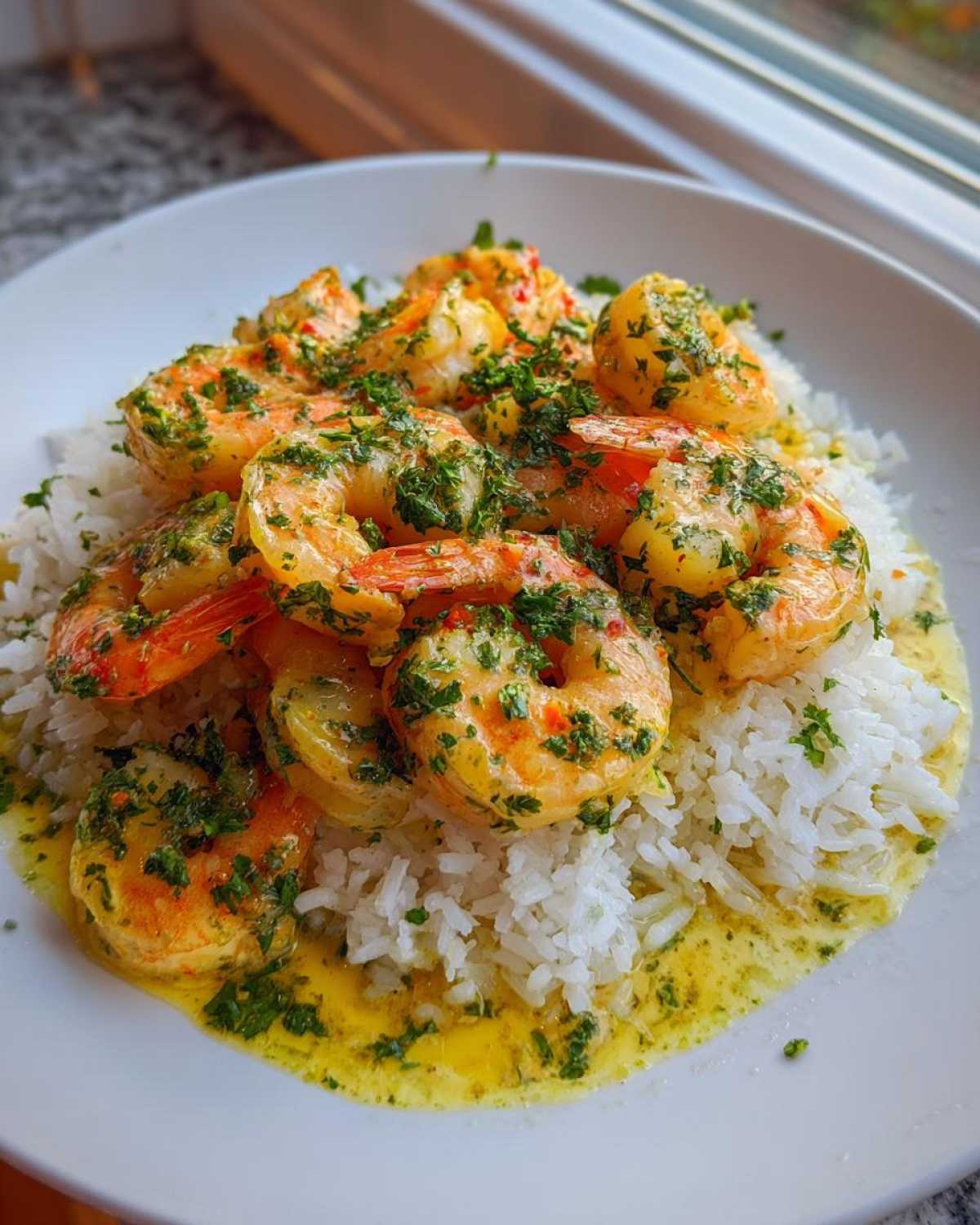 A close-up of a Garlic Butter Shrimp Rice Bowl featuring plump shrimp coated in garlic butter sauce and fresh herbs over white rice.