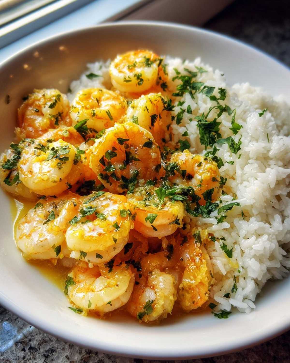 Close-up of a Garlic Butter Shrimp Rice Bowl featuring plump shrimp coated in sauce next to fluffy white rice, garnished with fresh herbs.