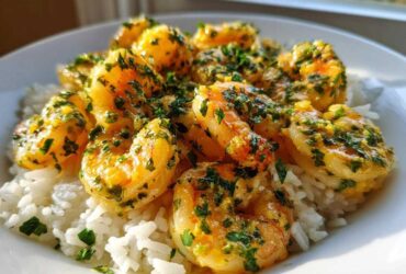 Close-up of a Garlic Butter Shrimp Rice Bowl featuring plump shrimp coated in garlic butter and fresh parsley over white rice.