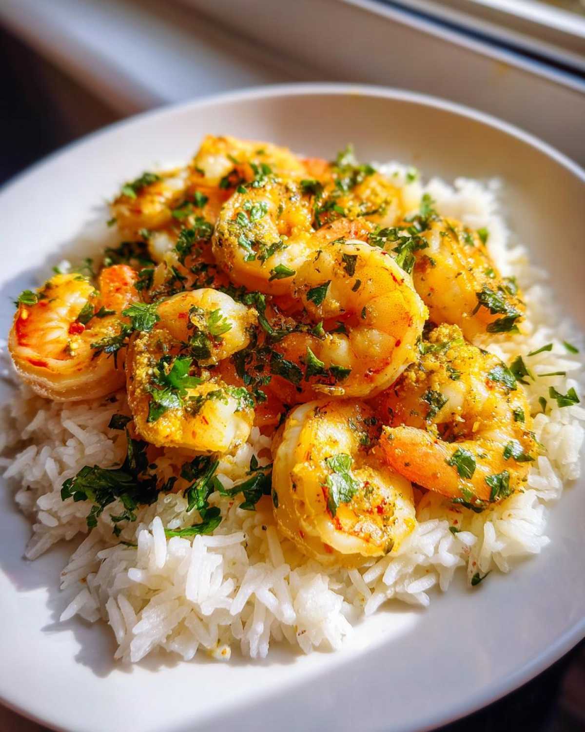 Close-up of a Garlic Butter Shrimp Rice Bowl, featuring plump shrimp coated in garlic butter and fresh herbs over white rice.