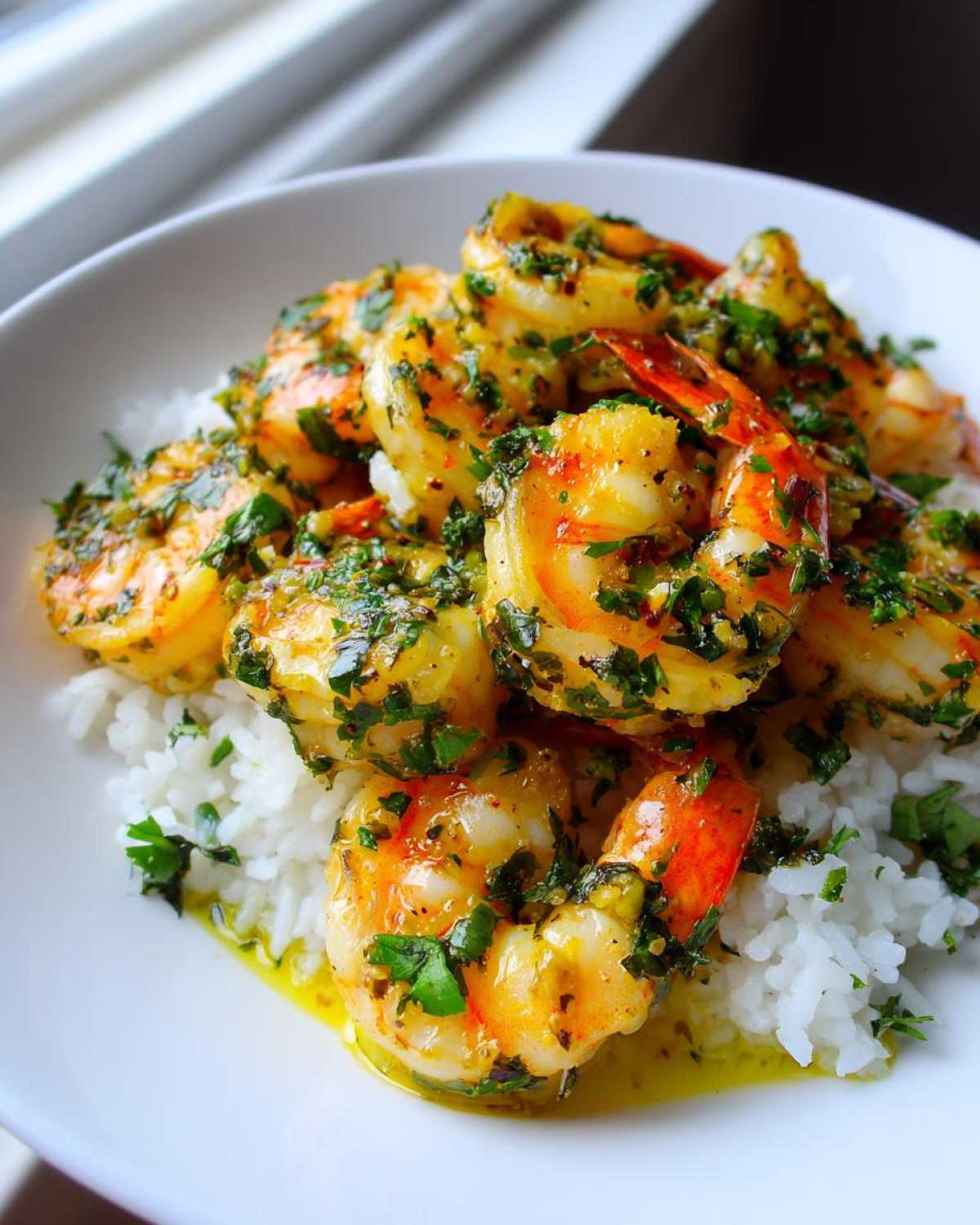 Close-up of Garlic Butter Shrimp Rice Bowl, featuring plump shrimp coated in garlic butter sauce and fresh herbs over white rice.