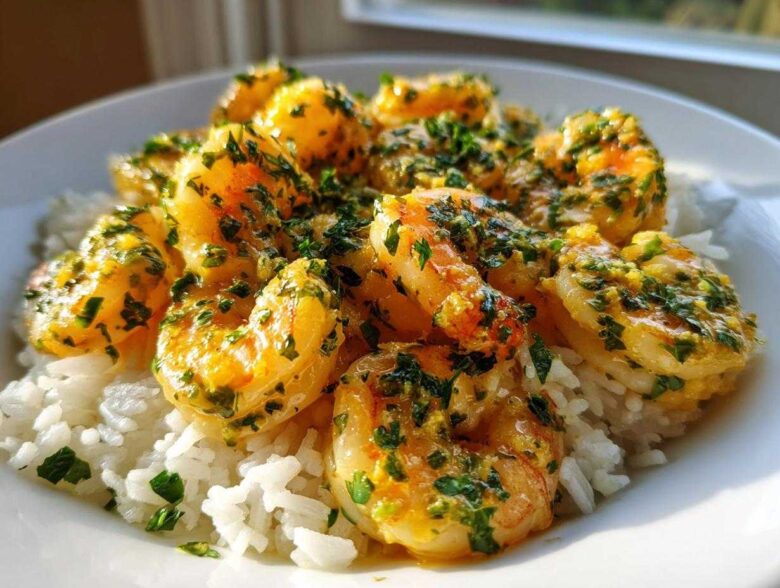 Close-up of a Garlic Butter Shrimp Rice Bowl featuring plump shrimp coated in garlic butter and fresh parsley over white rice.