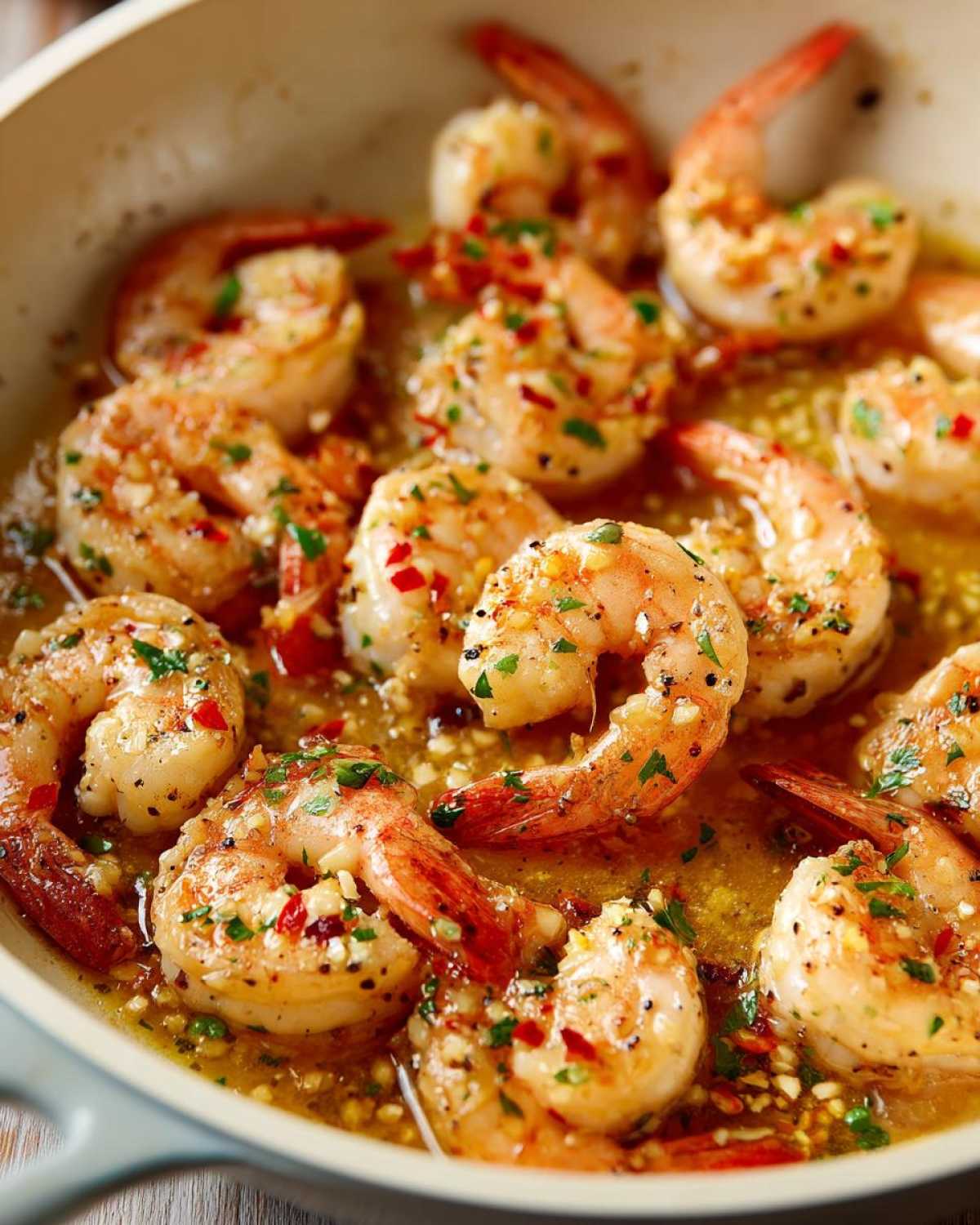 Close-up of plump shrimp simmering in a rich Garlic Butter Shrimp Skillet with lemon sauce, garlic, and parsley.