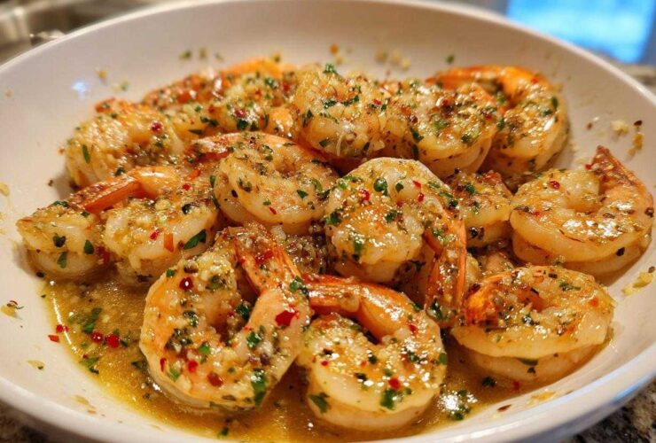 Close-up of succulent shrimp coated in garlic butter sauce with herbs and chili flakes from the Garlic Butter Shrimp Skillet.