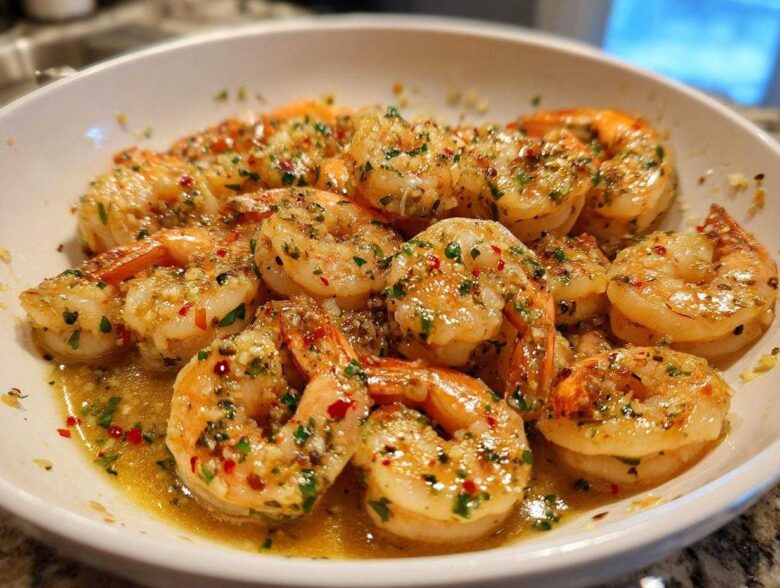 Close-up of succulent shrimp coated in garlic butter sauce with herbs and chili flakes from the Garlic Butter Shrimp Skillet.