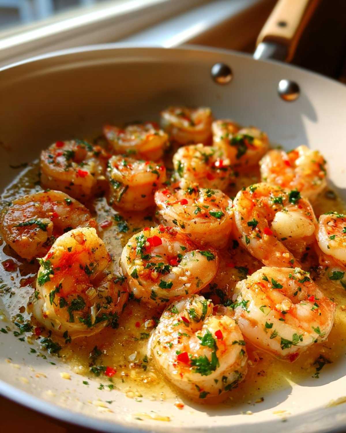 Close-up of plump shrimp cooking in a skillet with rich garlic butter, lemon sauce, herbs, and red pepper flakes for Garlic Butter Shrimp Skillet.