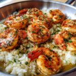 Close-up of juicy, browned shrimp coated in garlic butter and parsley served over white rice in a metal skillet.