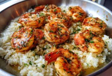 Close-up of juicy, browned shrimp coated in garlic butter and parsley served over white rice in a metal skillet.
