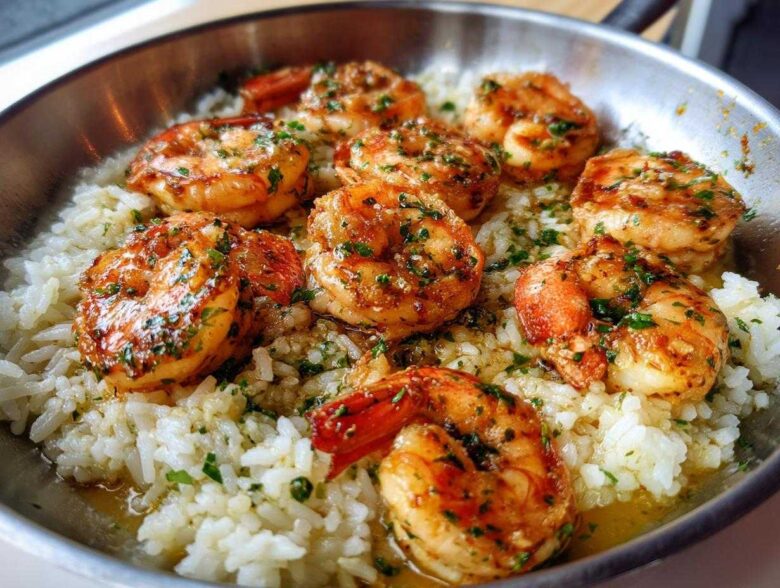 Close-up of juicy, browned shrimp coated in garlic butter and parsley served over white rice in a metal skillet.