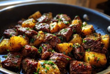 Close-up of seared steak cubes and golden potatoes coated in garlic butter sauce and fresh parsley in a skillet.