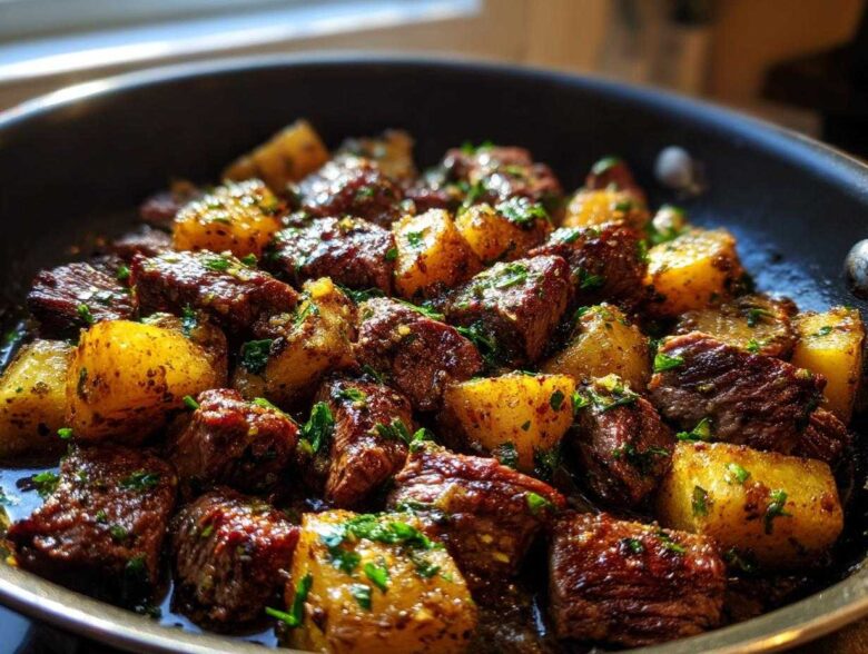 Close-up of seared steak cubes and golden potatoes coated in garlic butter sauce and fresh parsley in a skillet.