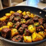 Close-up of seared steak cubes and golden potatoes sizzling in a skillet with garlic butter sauce.