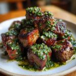 A close-up of seared Garlic Butter Steak Bites generously topped with a vibrant green herb sauce.