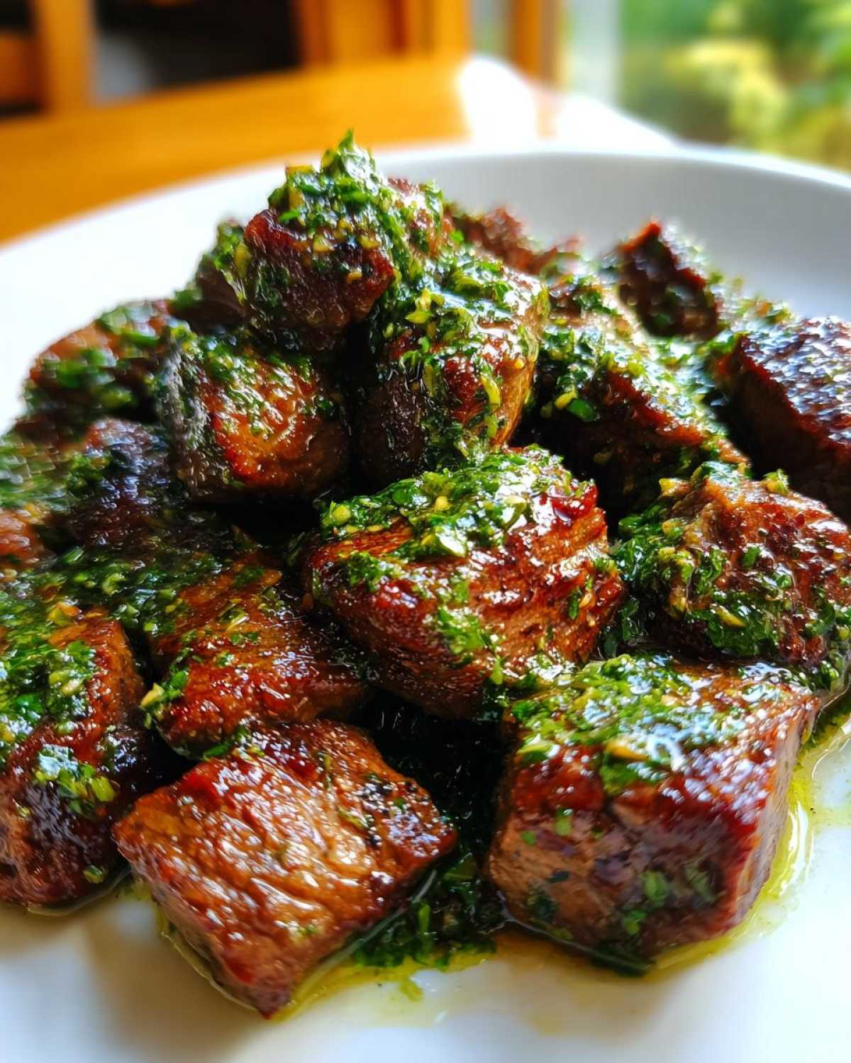 A close-up of tender Garlic Butter Steak Bites generously coated in a vibrant green herb sauce.